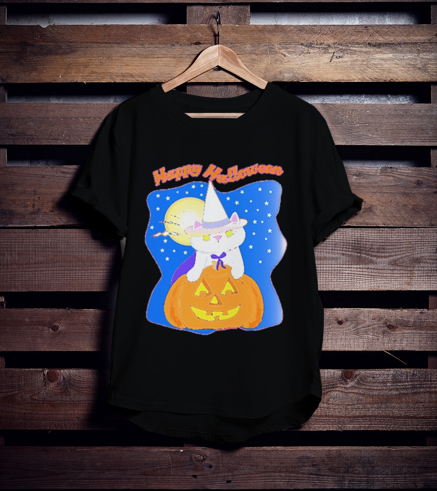 Happy Halloween Cat Witch On Pumpkin With Full Moon And Stars T-Shirt