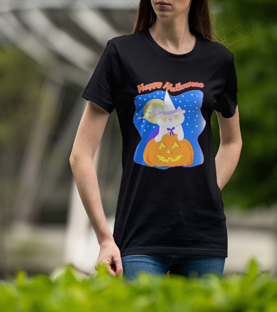 Happy Halloween Cat Witch On Pumpkin With Full Moon And Stars T-Shirt