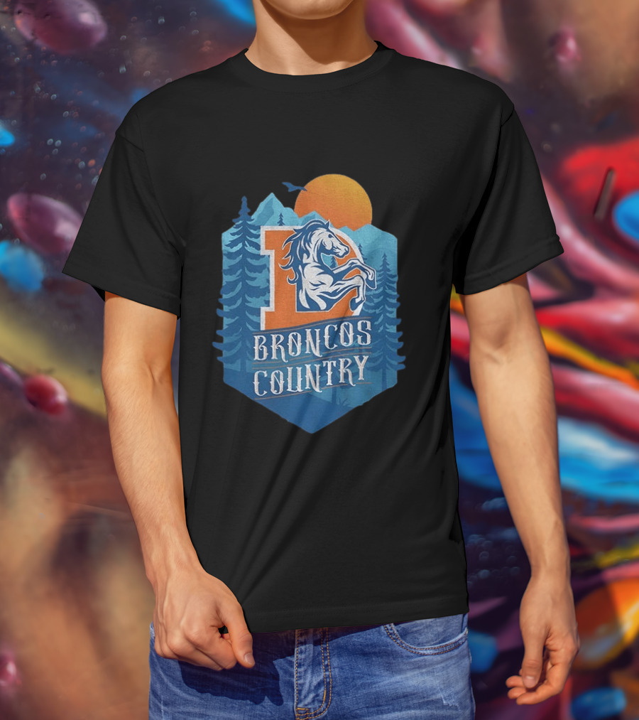 Denver Broncos Country Logo Football Mountain Sunset T-Shirt