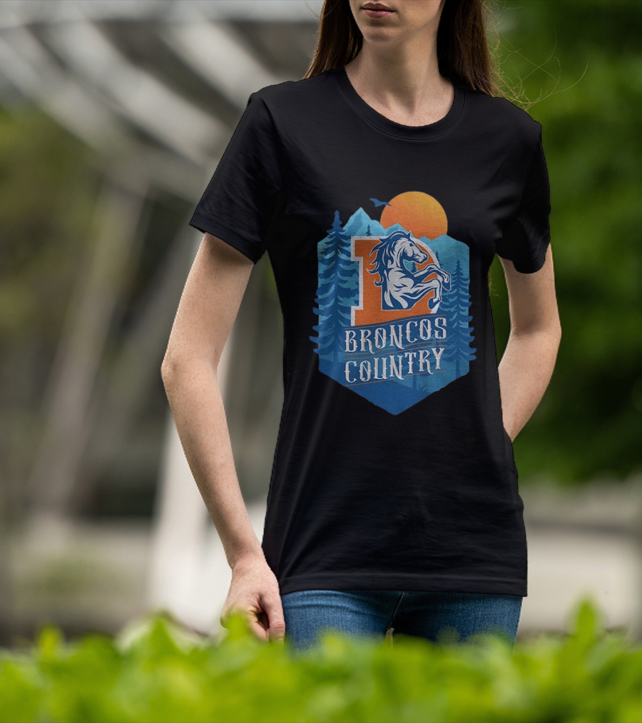 Denver Broncos Country Logo Football Mountain Sunset T-Shirt