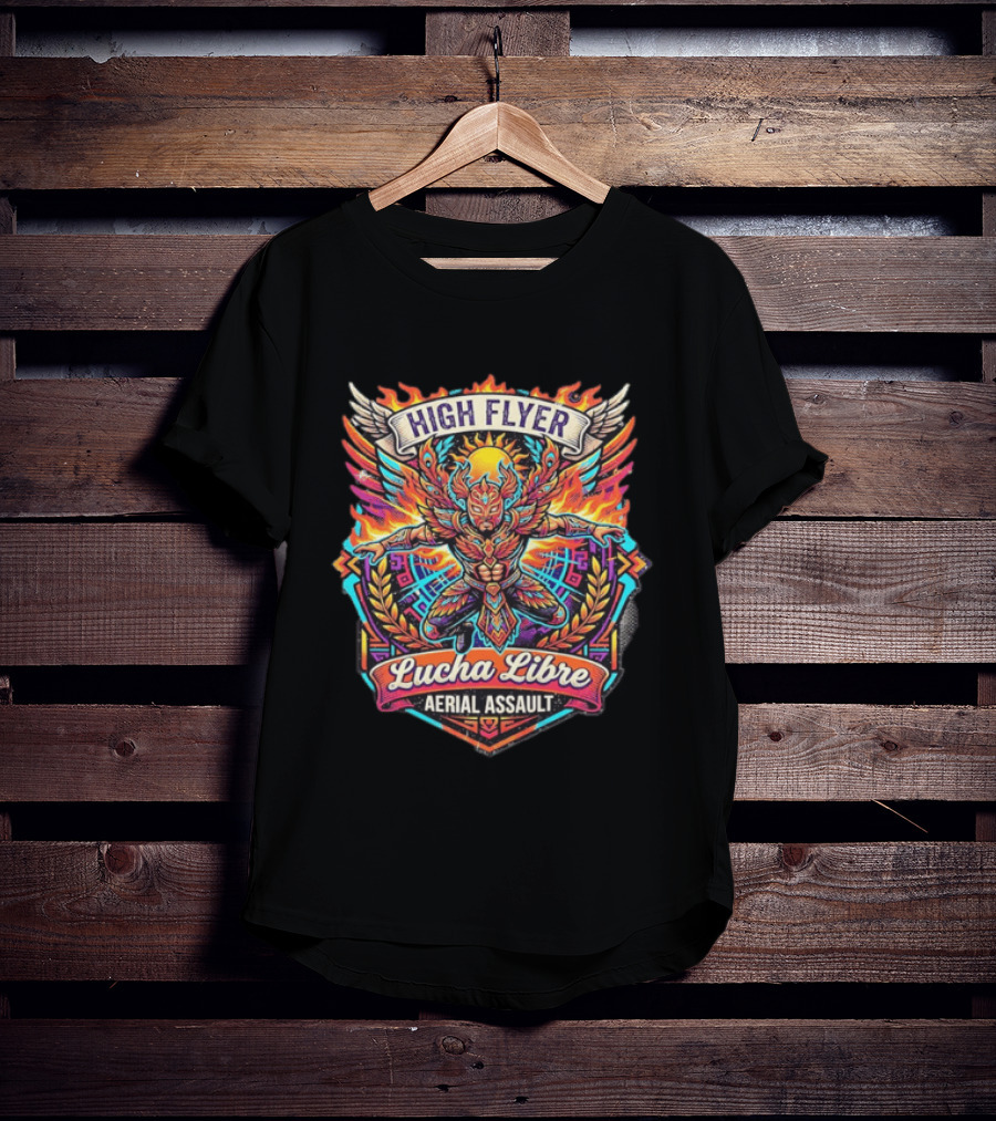 High Flyer Lucha Libre Aerial Assault Winged Masked Wrestler Sun Flames T-Shirt