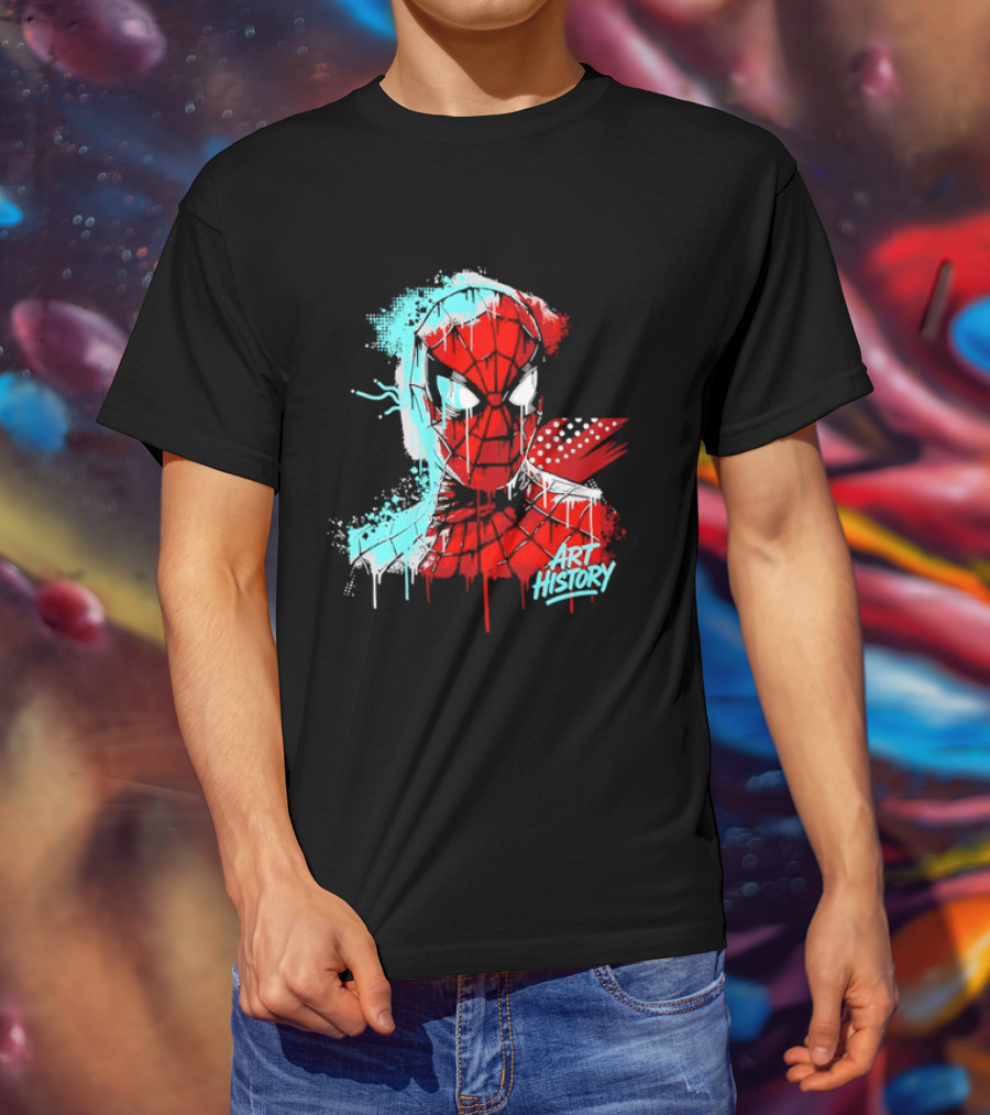 Spider Man Mask Dripping Paint Graffiti Art History Halftone Splatter T-Shirt