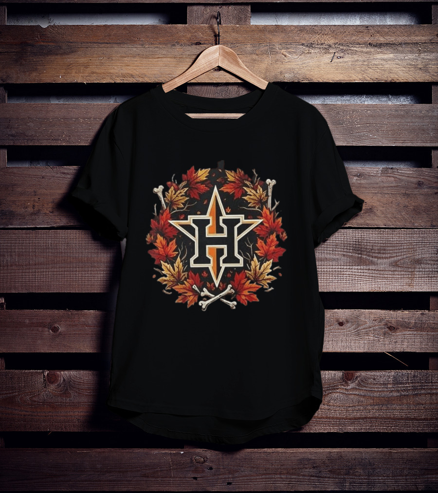 Houston Astros Halloween Maple Leaves Skull Crossed Bats Baseballs T-Shirt
