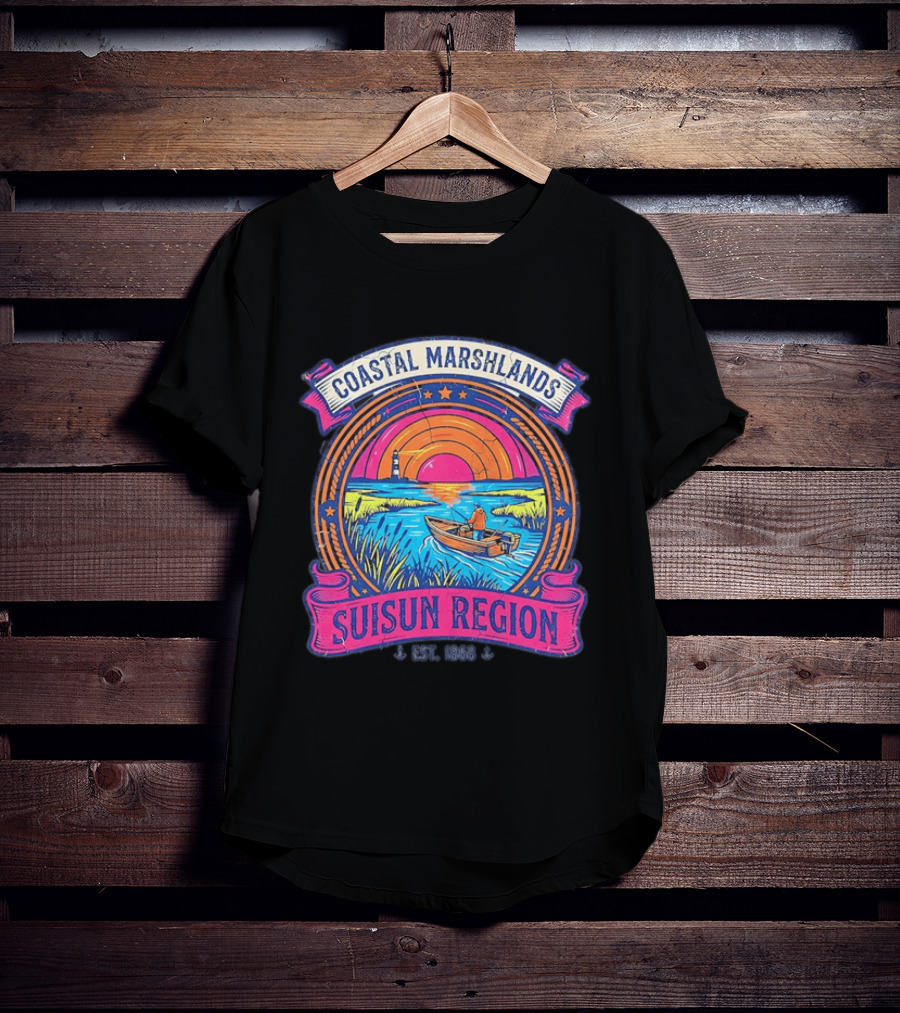 Coastal Marshlands Suisun Region Established 1868 Distressed Sunset Lighthouse Fisherman Boat Marsh T-Shirt