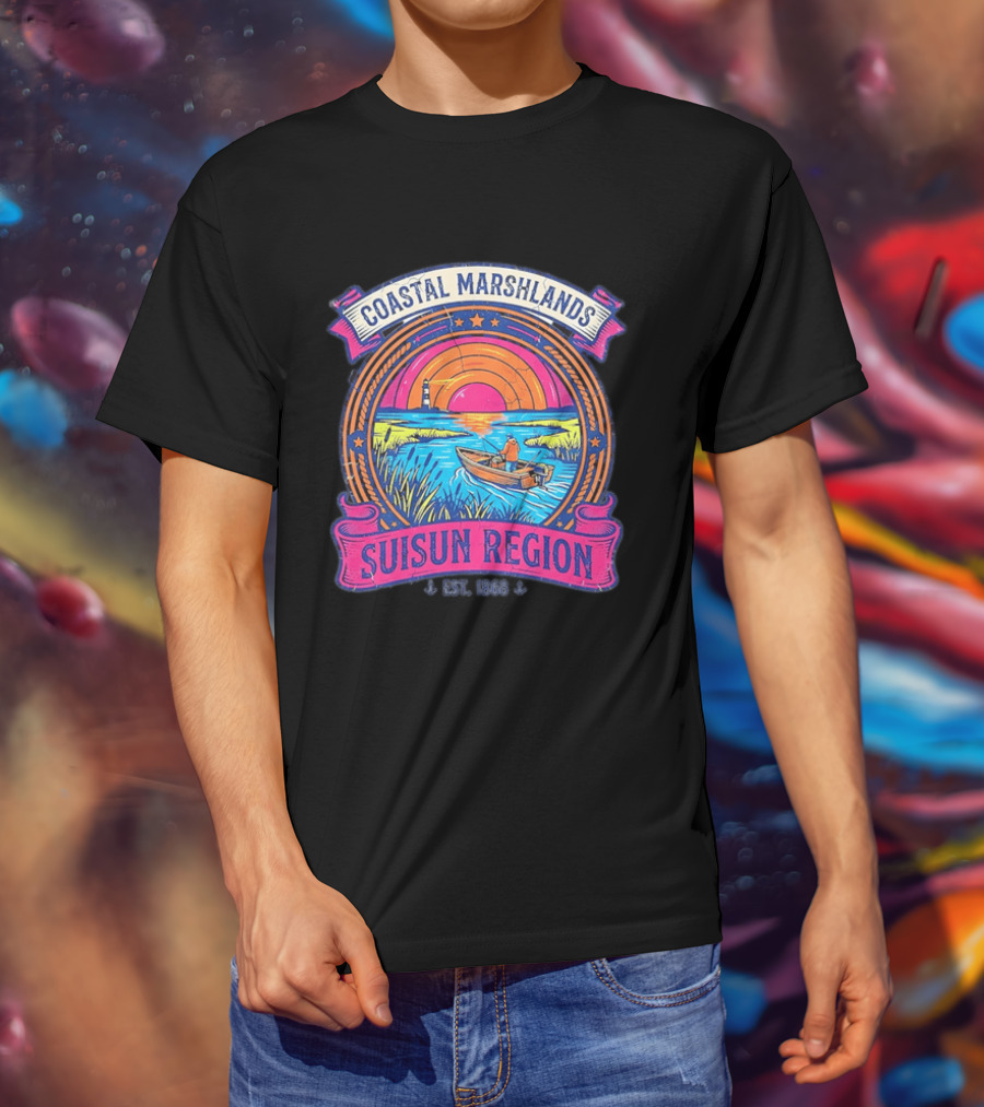 Coastal Marshlands Suisun Region Established 1868 Distressed Sunset Lighthouse Fisherman Boat Marsh T-Shirt