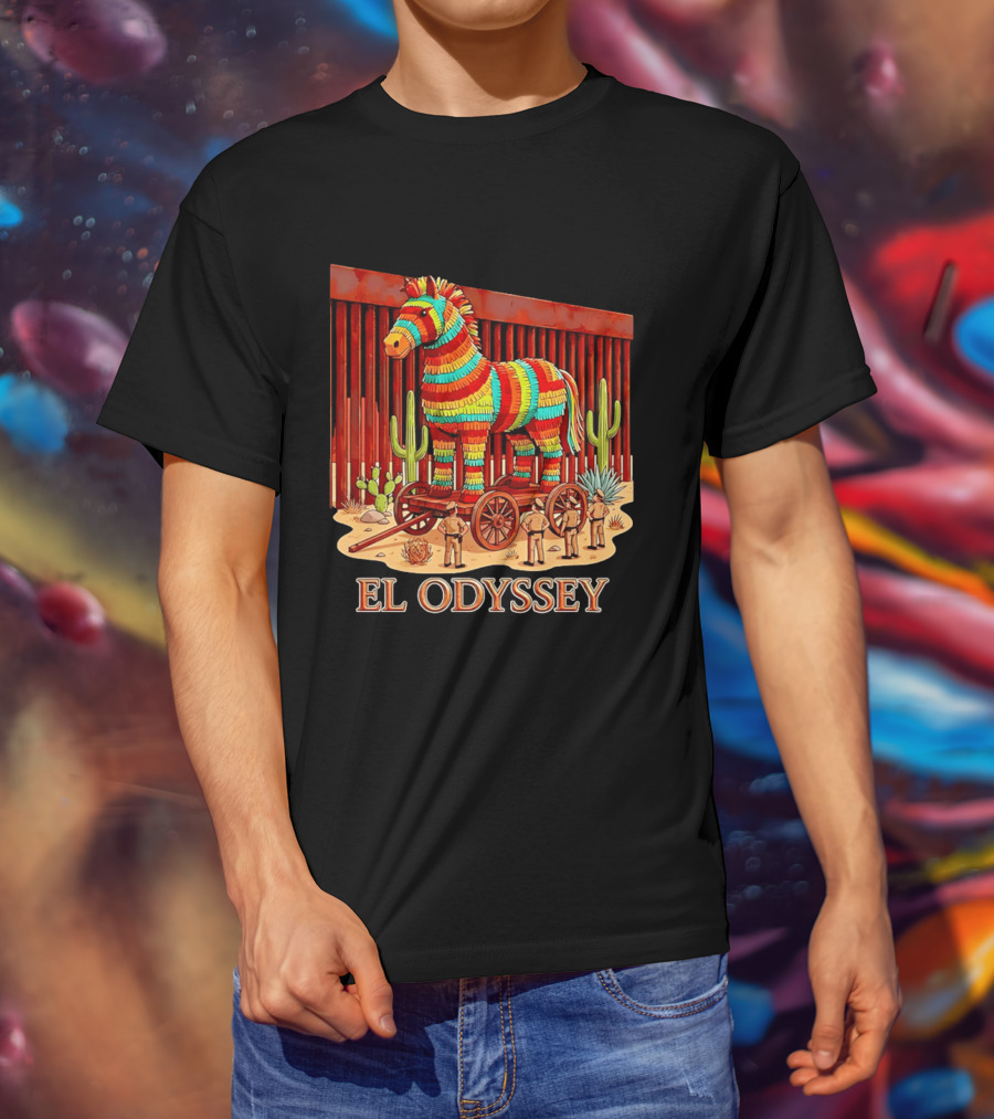 El Odyssey Piñata Horse Statue At Border With Cacti And Soldiers T-Shirt
