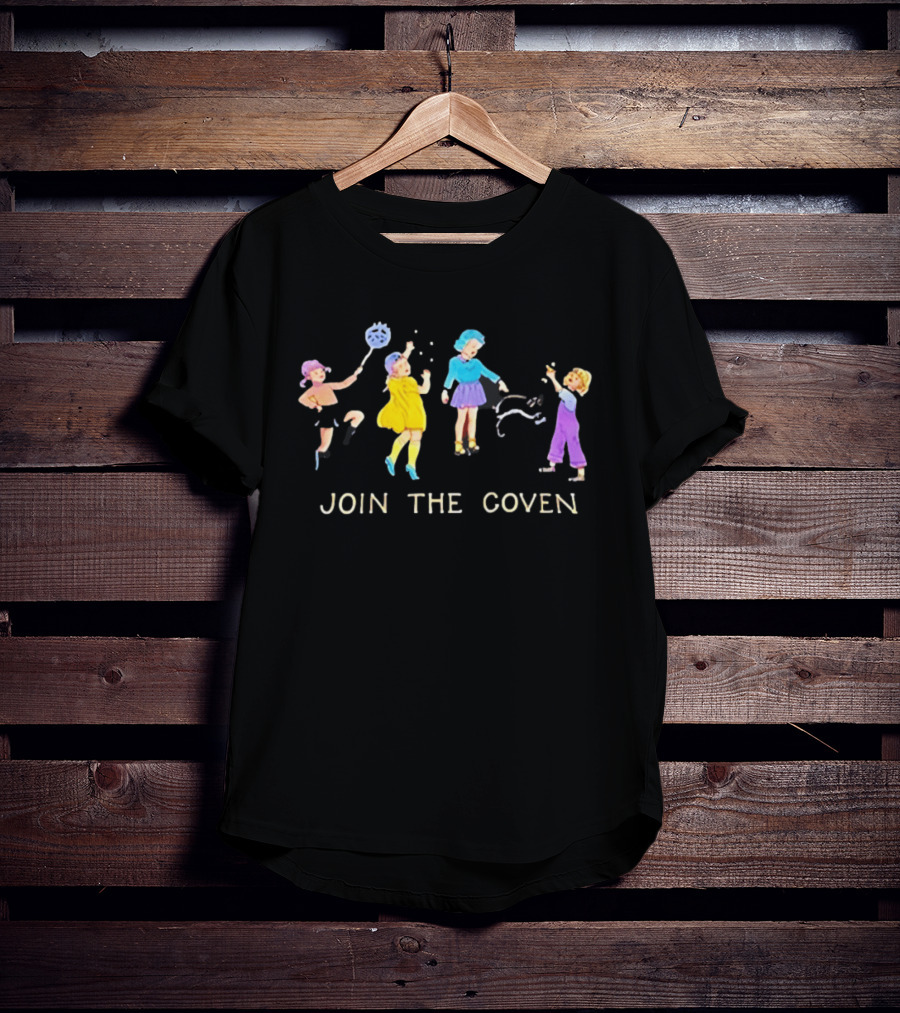 Join The Coven Funny Retro Witchy Kids Playing With Black Cat T-Shirt