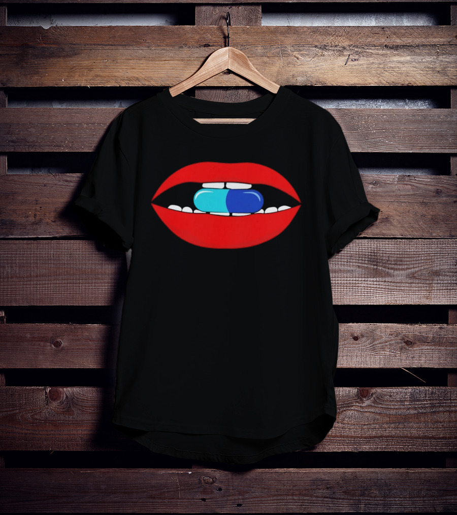 Red Lips Blue And Cyan Pill Bite T-Shirt