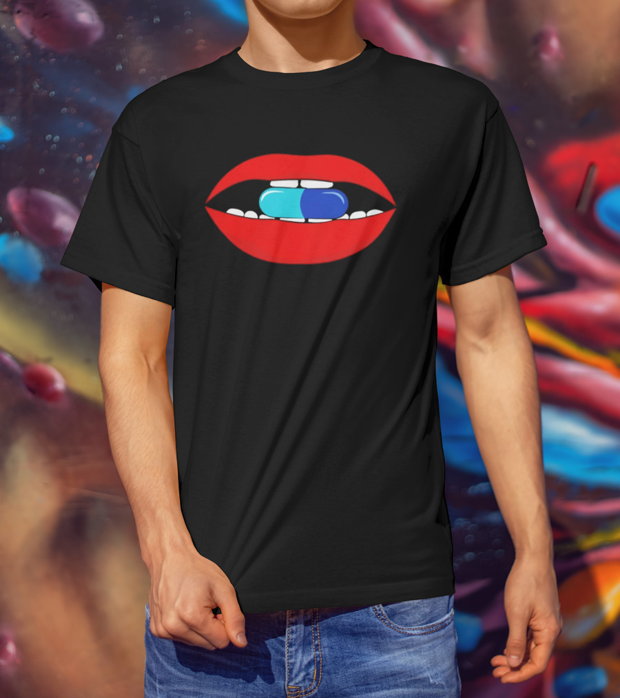 Red Lips Blue And Cyan Pill Bite T-Shirt