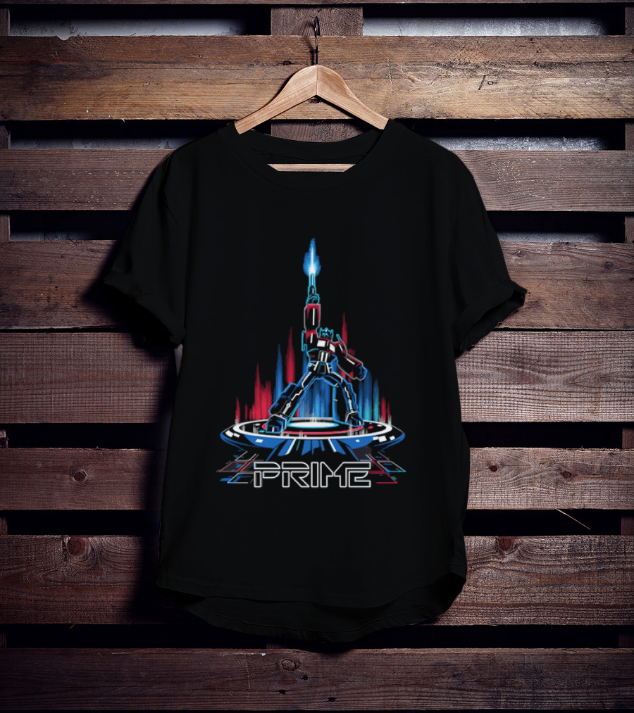 Prime Neon Robot Raising Glowing Light Beam Circular Platform T-Shirt