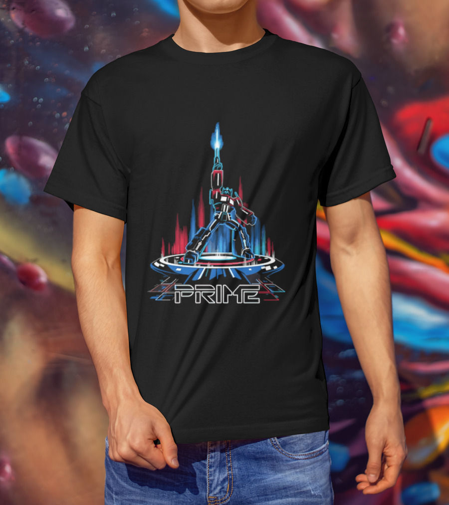 Prime Neon Robot Raising Glowing Light Beam Circular Platform T-Shirt