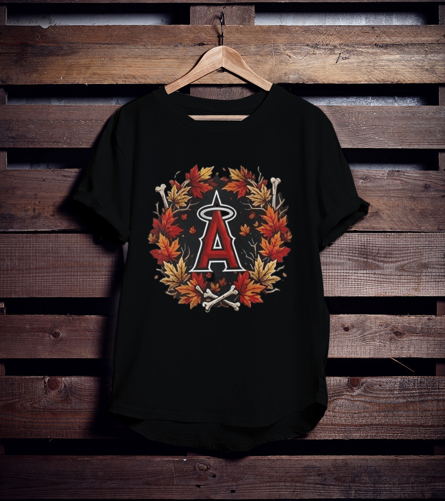 Los Angeles Angels Maple Leaves Skull Crossed Bats Baseballs Halloween T-Shirt