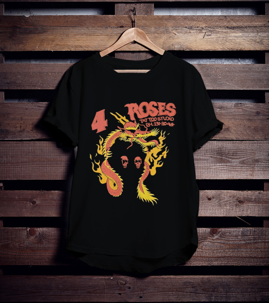 4 Roses Tattoo Studio Ph 231 3044 Dragon Yellow Flames Red Skulls T-Shirt