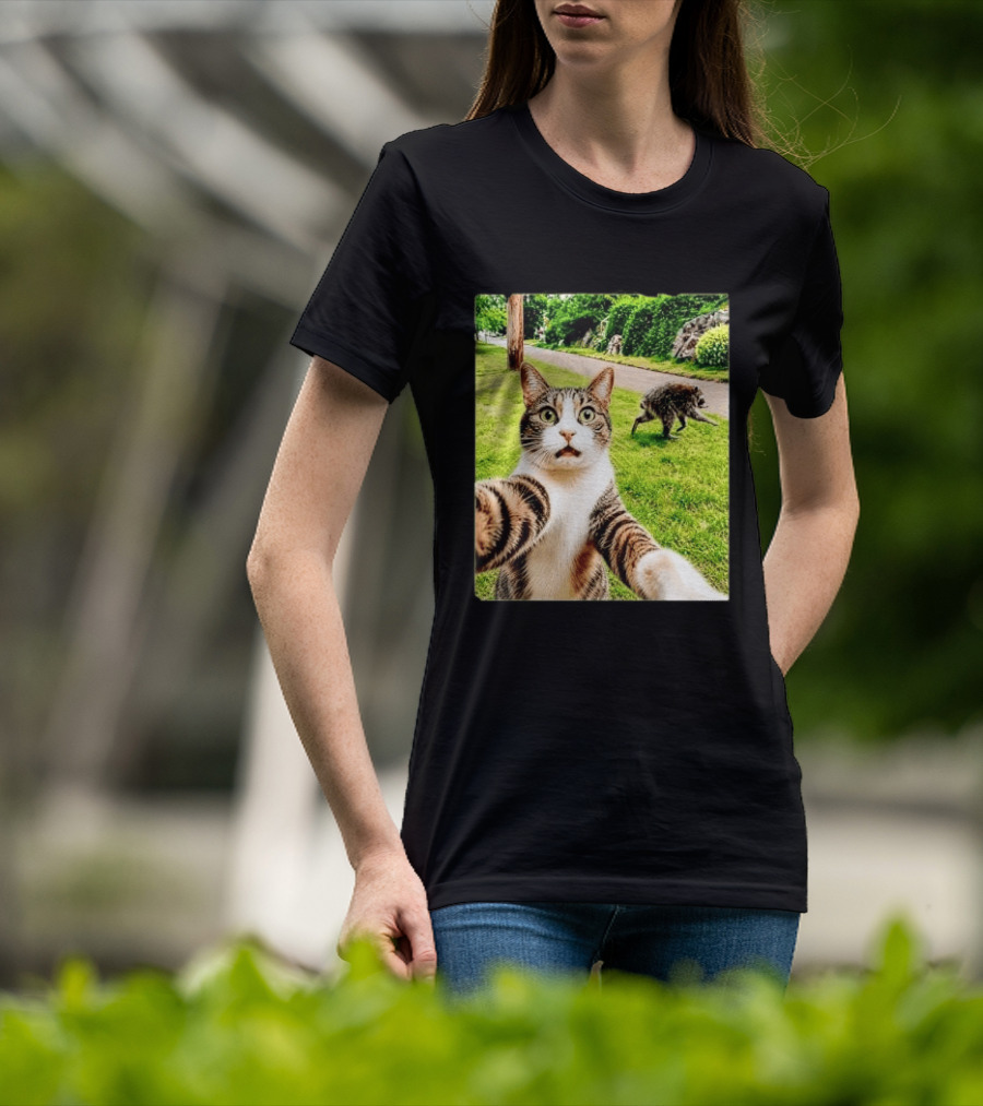 Shocked Face Tabby Cat Taking Selfie With Running Raccoon On Lawn Road T-Shirt