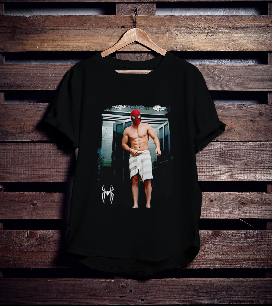 Spider Man Masked Figure In Towel Scene With Iconic White Spider T-Shirt