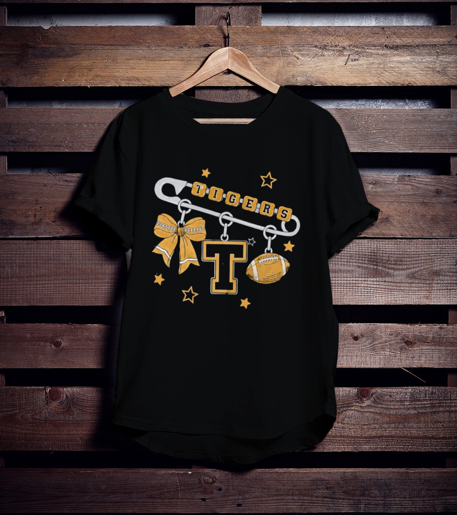 Tigers Cheer Bow Safety Pin Varsity Letter Football Charms Stars T-Shirt