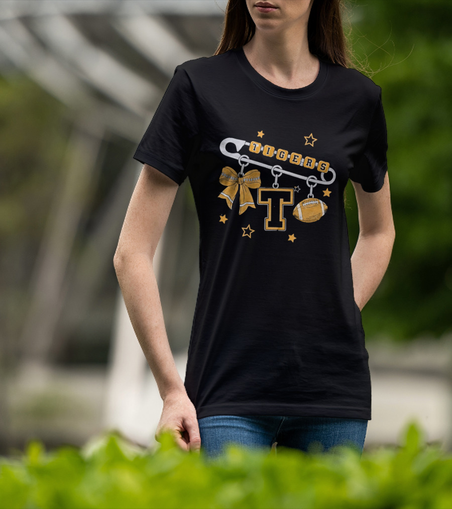Tigers Cheer Bow Safety Pin Varsity Letter Football Charms Stars T-Shirt