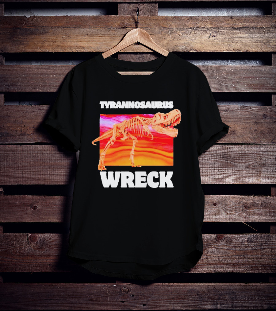 Tyrannosaurus Wreck Dinosaur Pun With Rex Skeleton On Sunset T-Shirt
