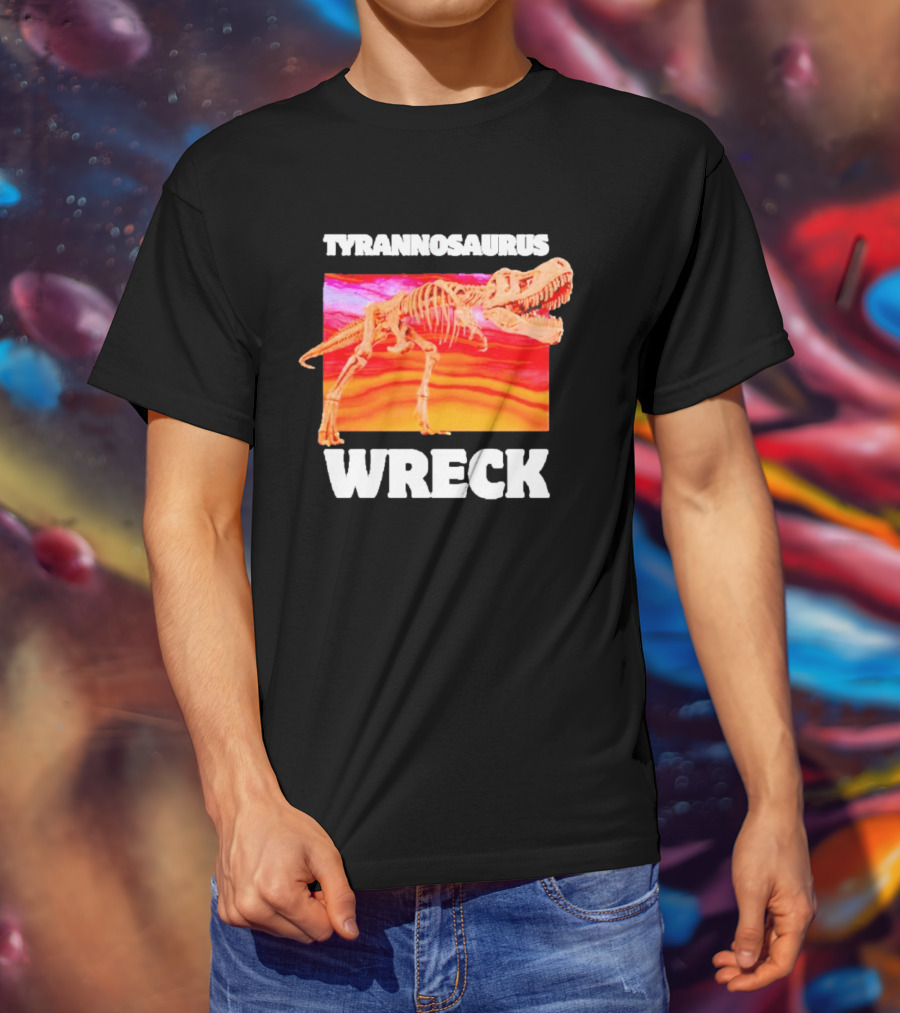 Tyrannosaurus Wreck Dinosaur Pun With Rex Skeleton On Sunset T-Shirt