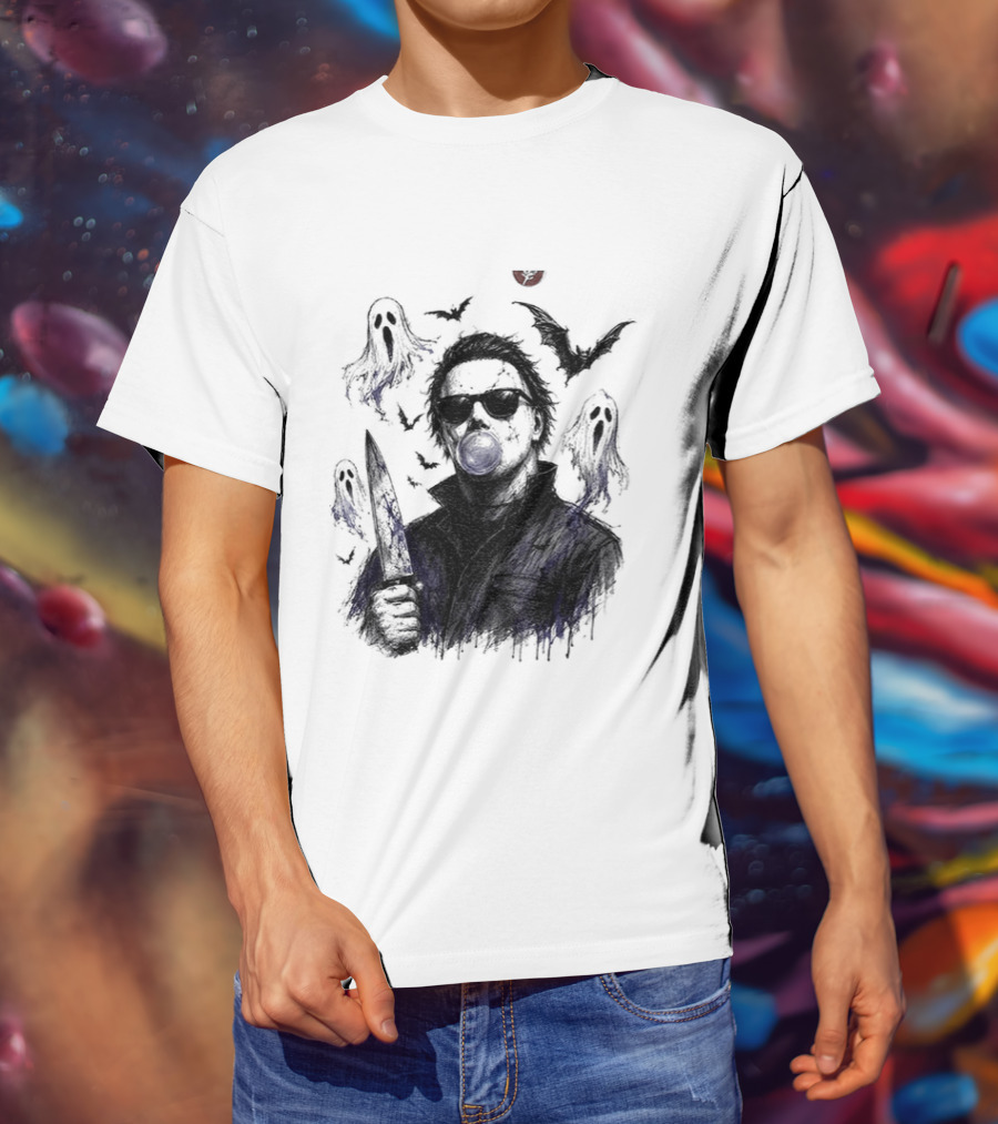 Michael Myers Bubble Gum Slasher Spooky Season Movie Ghosts And Bats T-Shirt