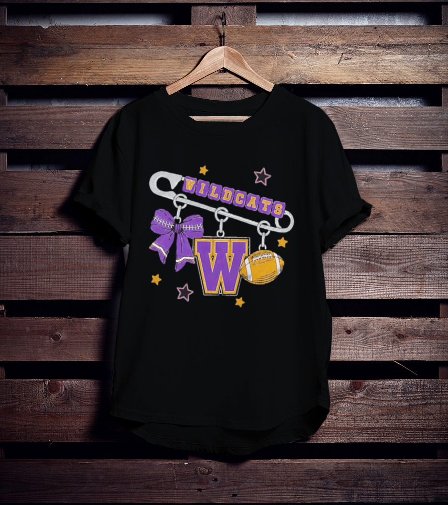 Wildcats Safety Pin Bow W Football Charm Distressed T-Shirt