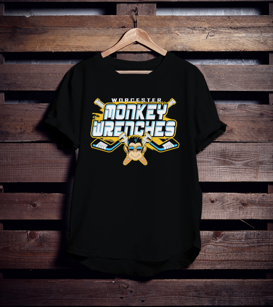 Worcester Monkey Wrenches Hockey Player Monkey With Crossed Wrenches And Hockey Sticks T-Shirt
