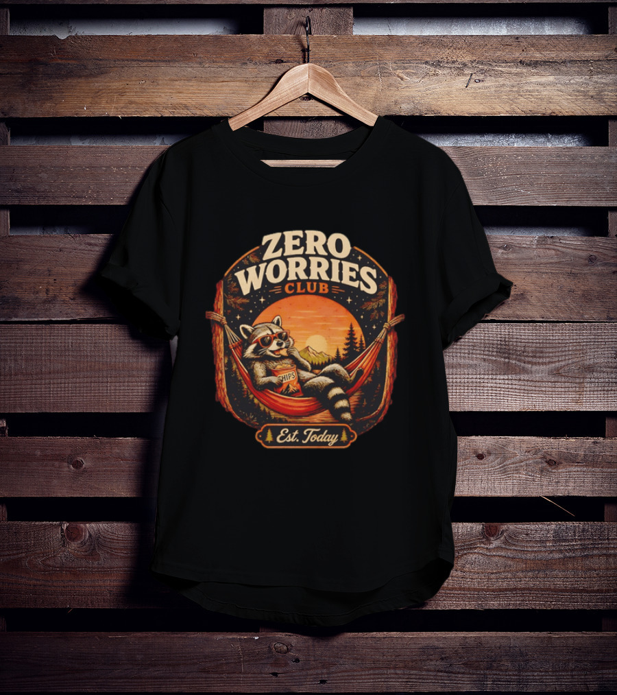 Zero Worries Club Raccoon Relaxing In Hammock Eating Chips At Sunset T-Shirt