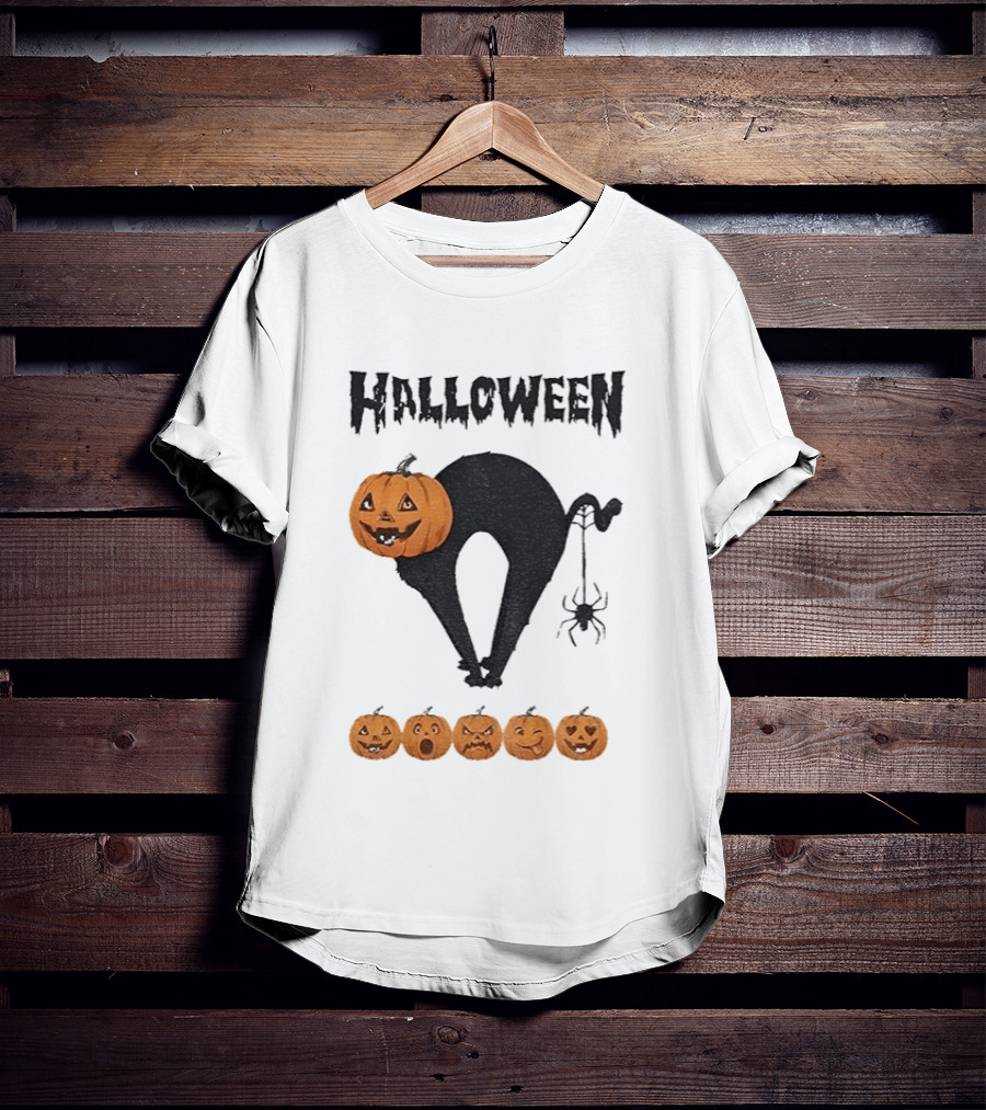 Halloween Pumpkin Cat Black Spider Five Jack O' Lanterns T-Shirt