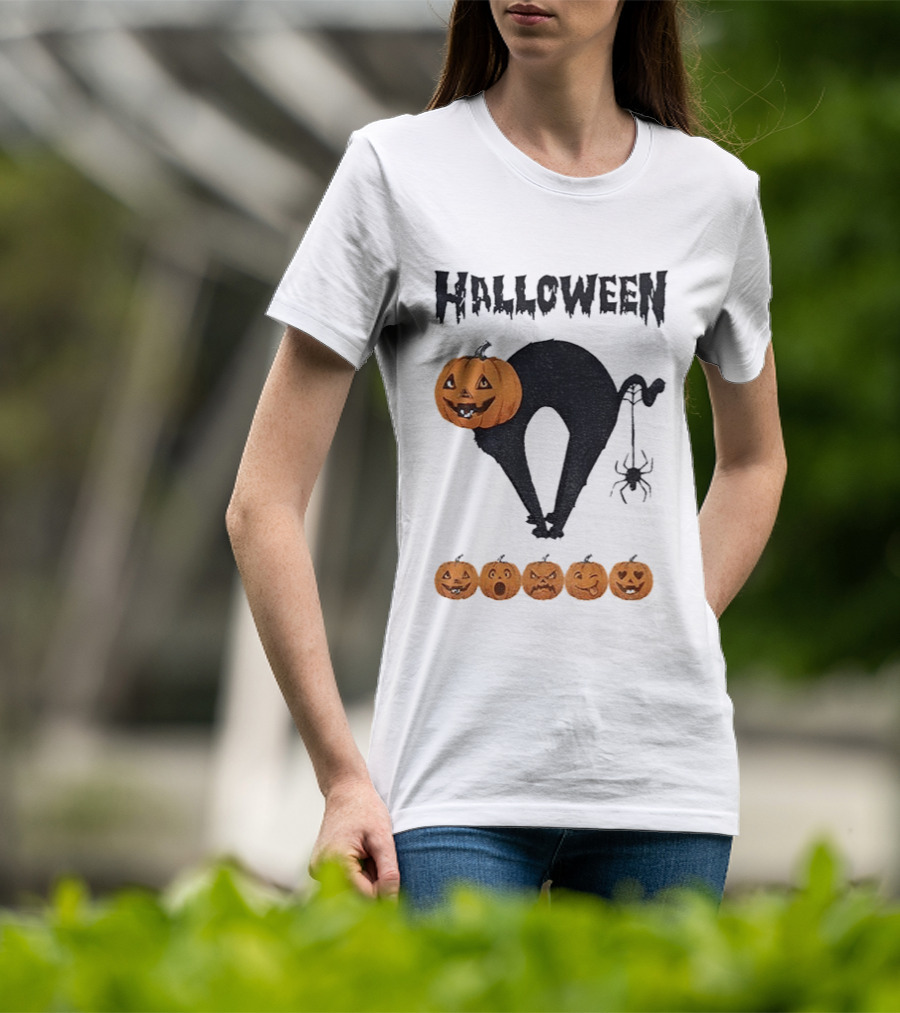 Halloween Pumpkin Cat Black Spider Five Jack O' Lanterns T-Shirt