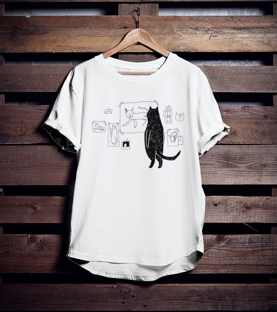Black Cat Standing Looking At Sketches Line Drawing Wall Gallery T-Shirt