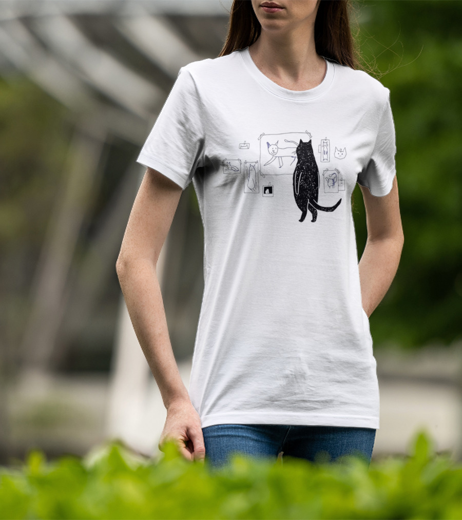 Black Cat Standing Looking At Sketches Line Drawing Wall Gallery T-Shirt