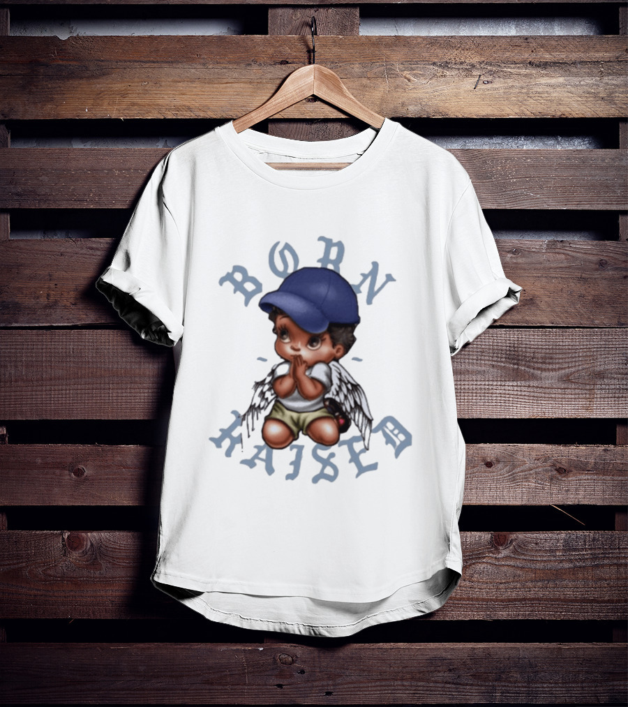 Born X Raised El Angel Cherub Praying With Wings And Cap T-Shirt
