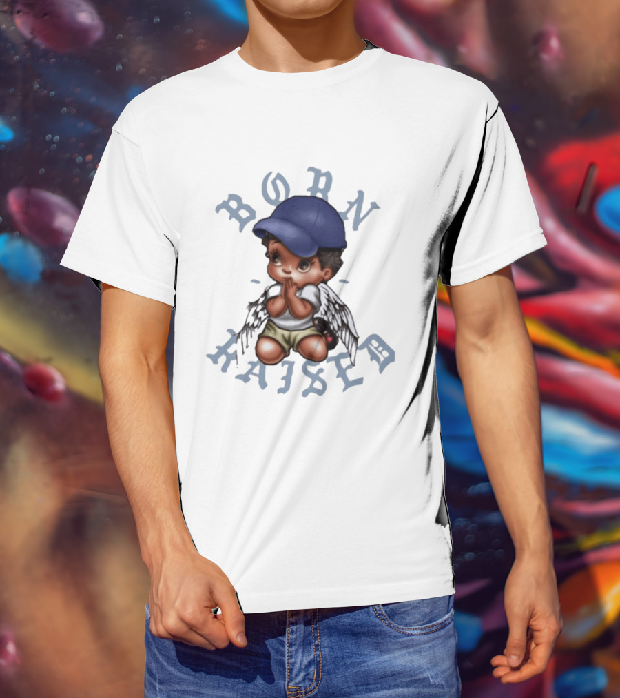 Born X Raised El Angel Cherub Praying With Wings And Cap T-Shirt