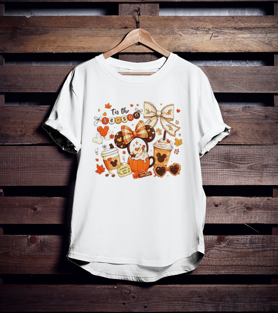 Tis The Season Disney Pumpkin Spice Autumn Coffee Ears And Bows T-Shirt