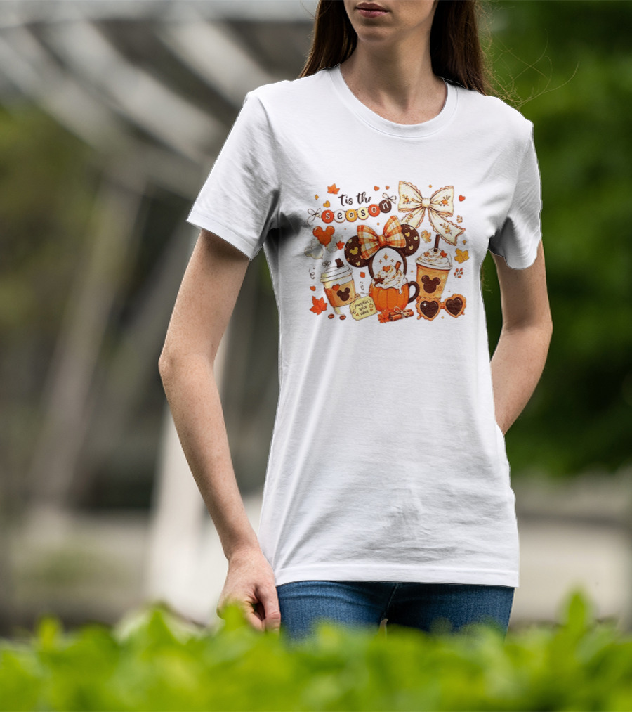 Tis The Season Disney Pumpkin Spice Autumn Coffee Ears And Bows T-Shirt