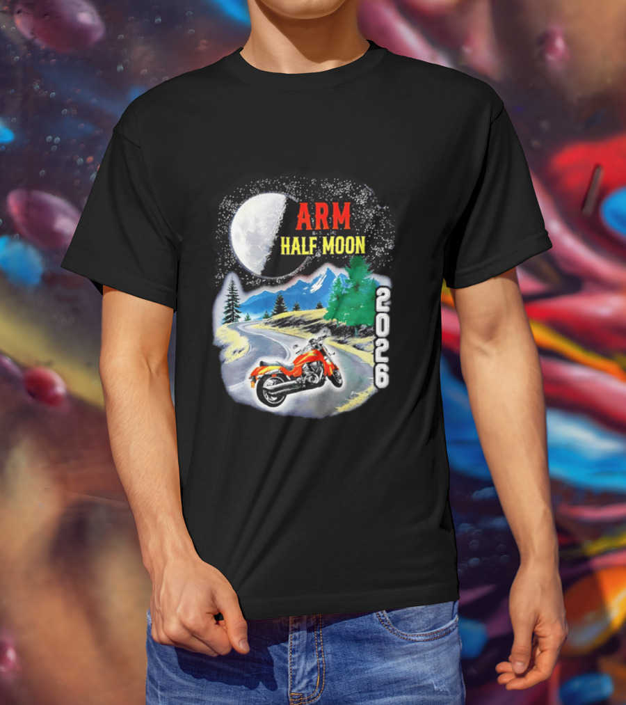 Arm Half Moon 2026 Orange Motorcycle Winding Mountain Road Night Sky T-Shirt