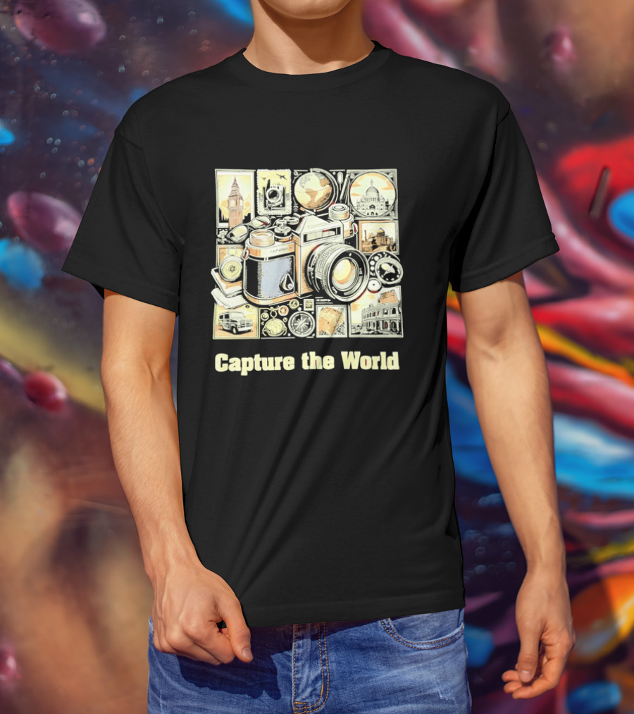 Capture The World Camera Globe Travel Landmarks Compass T-Shirt