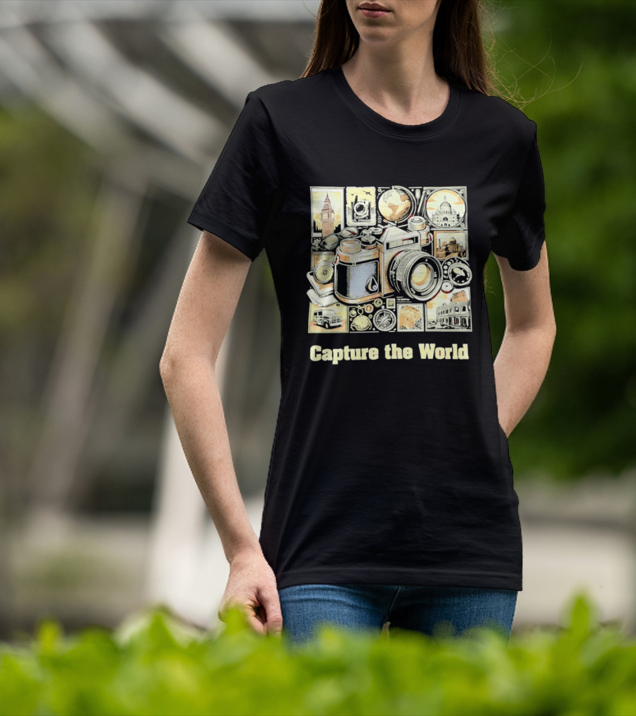 Capture The World Camera Globe Travel Landmarks Compass T-Shirt