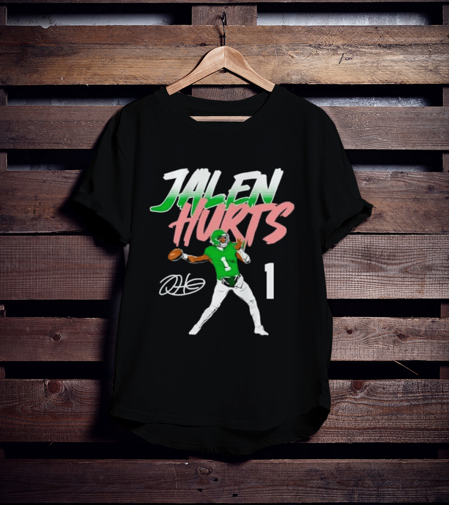Jalen Hurts Quarterback Throwing Football Jersey Number 1 Signature Green T-Shirt