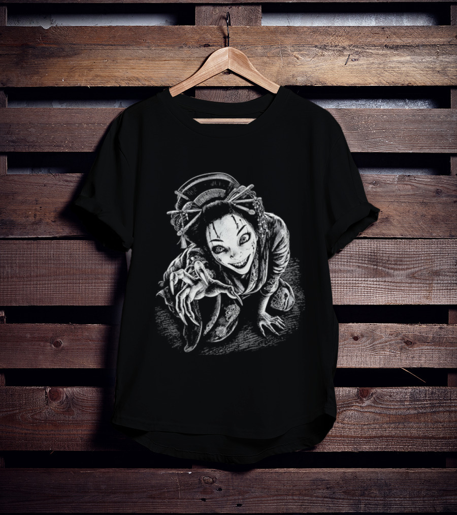 Creepy Demonic Yokai Geisha Crawling Sharp Claws Drawing T-Shirt
