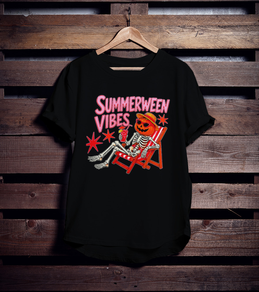 Summerween Vibes Skeleton Pumpkin Sunglasses Lounge Chair Drink T-Shirt