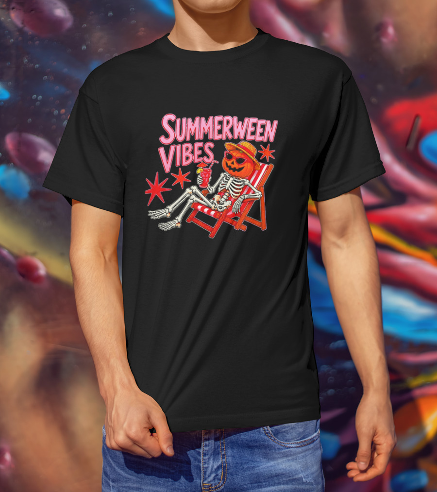 Summerween Vibes Skeleton Pumpkin Sunglasses Lounge Chair Drink T-Shirt