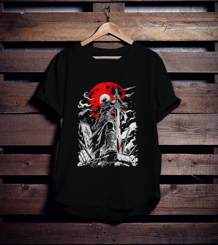 Dark Fantasy Warrior Bloody Sword Red Moon Battlefield Epic Scene T-Shirt