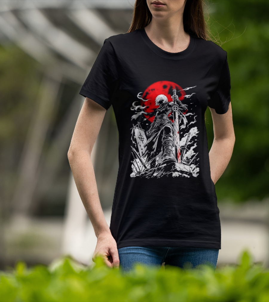 Dark Fantasy Warrior Bloody Sword Red Moon Battlefield Epic Scene T-Shirt