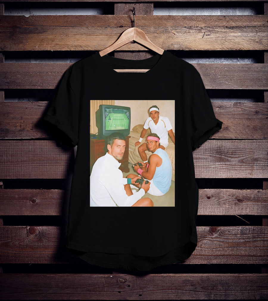 Novak Djokovic Rafael Nadal Roger Federer Playing Tennis Video Game T-Shirt