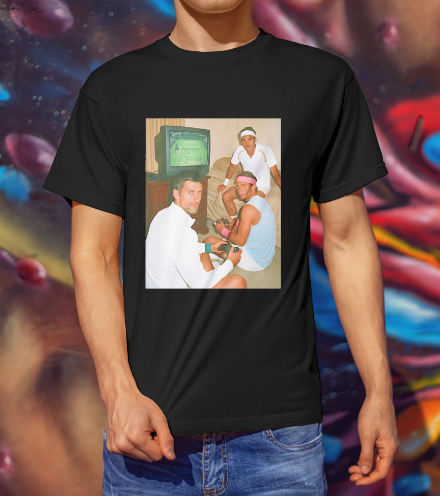 Novak Djokovic Rafael Nadal Roger Federer Playing Tennis Video Game T-Shirt
