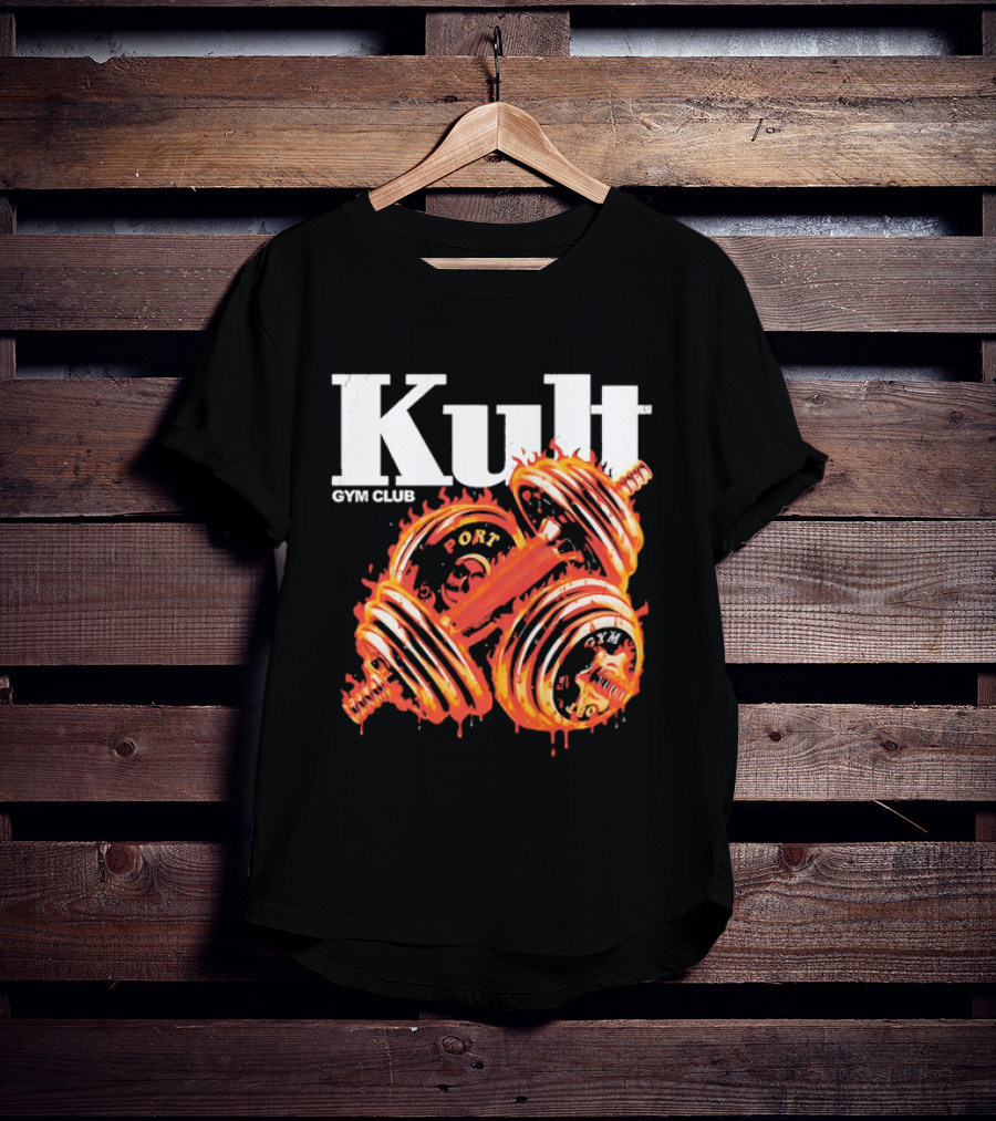 Kult Gym Club Sport Fiery Dumbbells Dripping Lava Distressed T-Shirt
