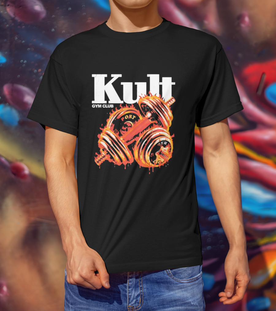 Kult Gym Club Sport Fiery Dumbbells Dripping Lava Distressed T-Shirt