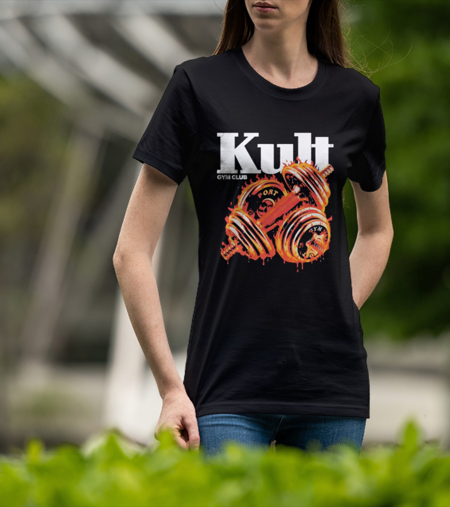 Kult Gym Club Sport Fiery Dumbbells Dripping Lava Distressed T-Shirt