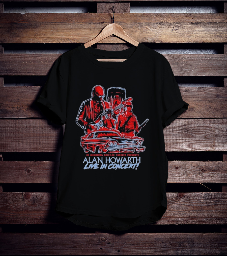 The Mahoning Drive In Theater Presents Alan Howarth Live Concert Horror Characters Flaming Car T-Shirt